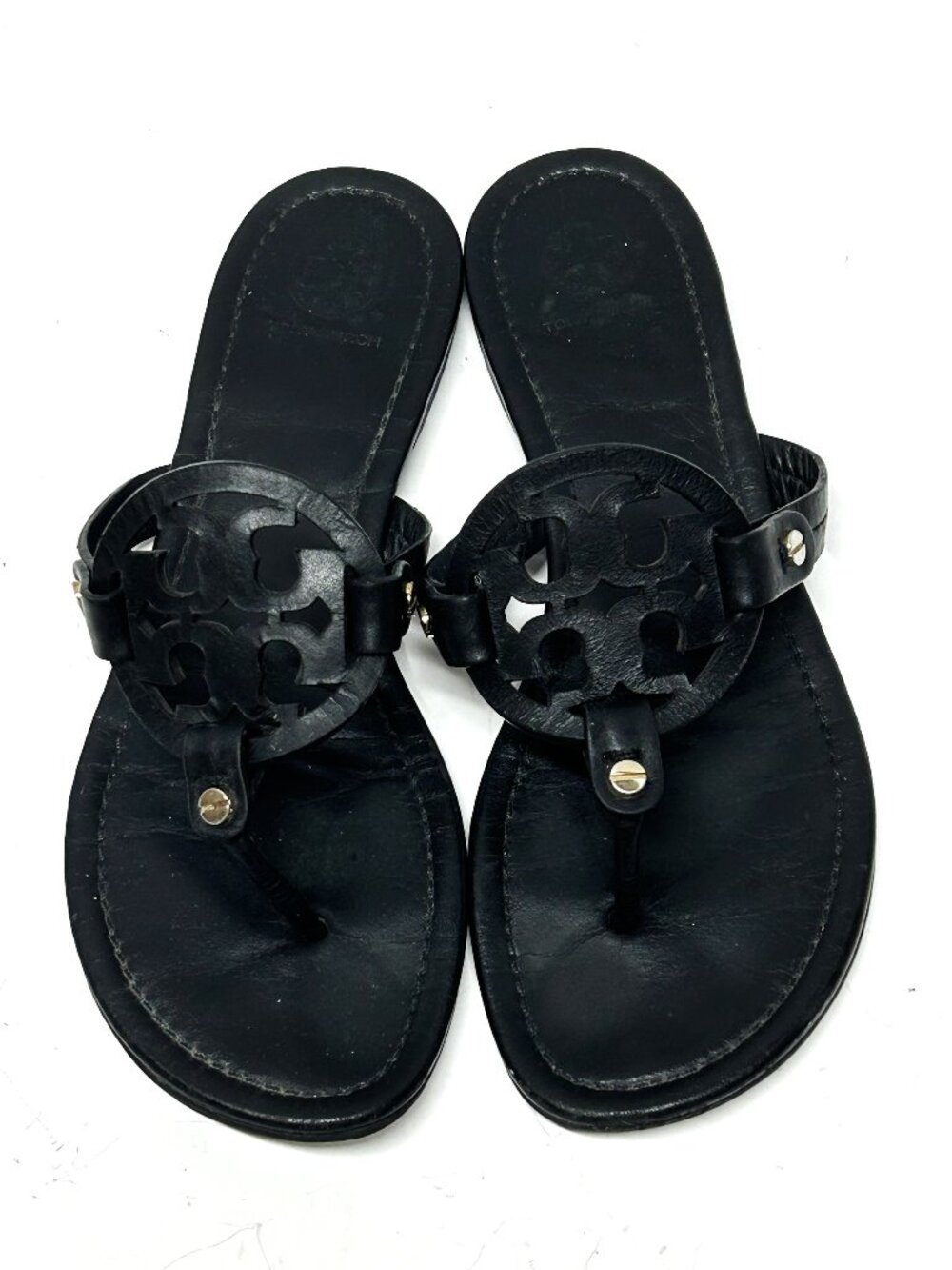 Tory Burch Miller Medallion flat black leather thong sandals size 7